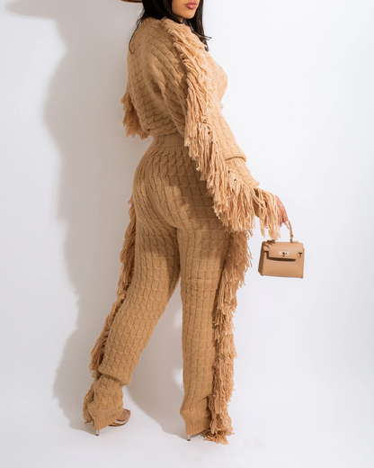 Knitted Long-Sleeved Tassel Suit