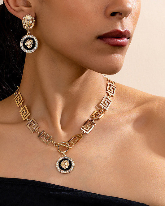 Vintage Lion Head Necklace Earring Set