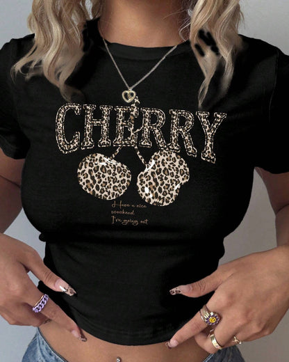 Cherry Leopard Cherry Slim Cropped T-Shirt