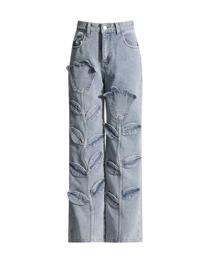 High-Waist Straight-Leg Casual Jeans With Floral Pattern