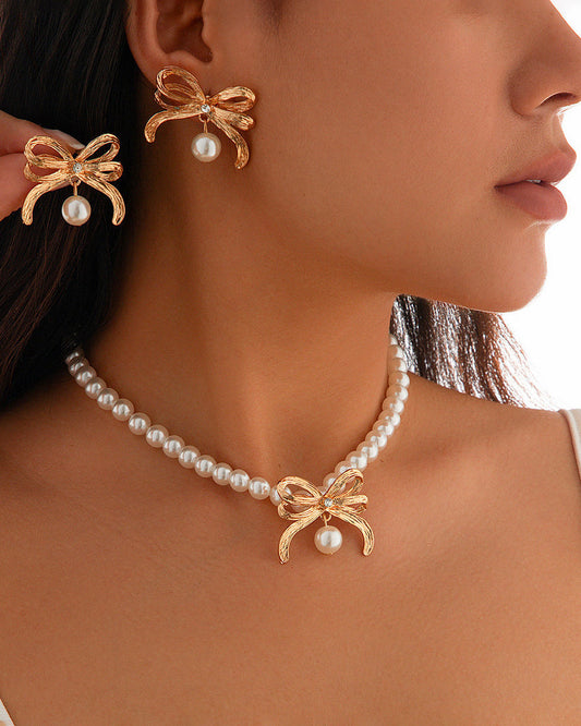 Imitation Pearl Beaded Bow Necklace Set