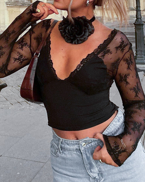 Solid Color Sexy Stitching Lace T-Shirt