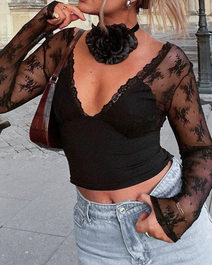 Solid Color Sexy Stitching Lace T-Shirt