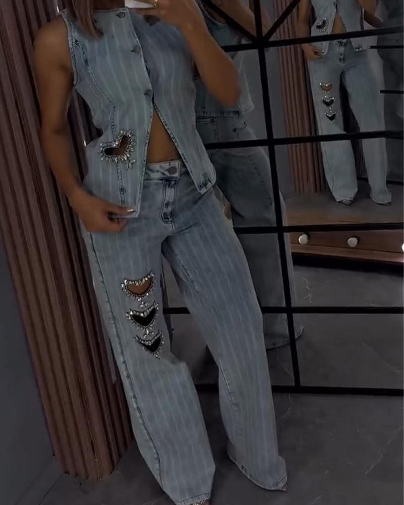 Decorative Hollow Straight-Leg Denim Suit (Pre-Sale)