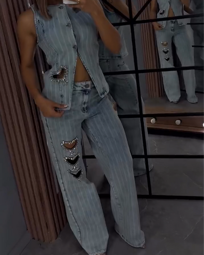 Decorative Hollow Straight-Leg Denim Suit (Pre-Sale)