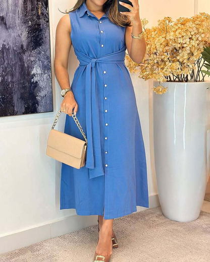 V-Neck Sleeveless Solid Color Waist Dres