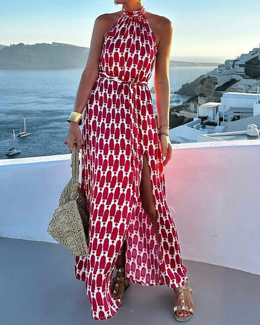 Printed Halter Neck Beach Vacation Midi Dress