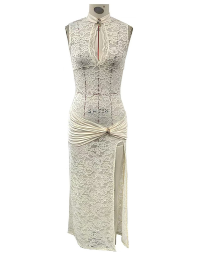 Lace Hollow High Slit Slim Sleeveless Dress