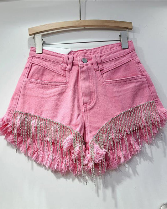 Ripped High Waist Rhinestone Tassel Chain Denim Shorts