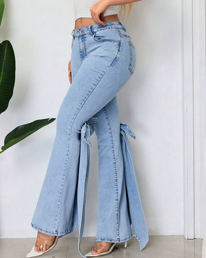 High-Waisted Bow-Embellished Flared Jeans