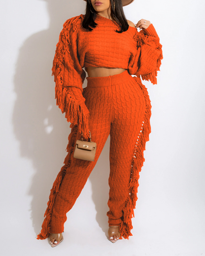 Knitted Long-Sleeved Tassel Suit