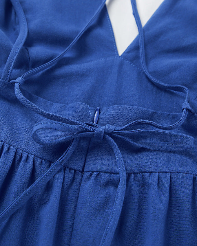 Blue Cotton and Linen V-Neck Halter Back Dress