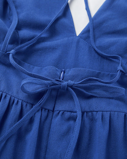 Blue Cotton and Linen V-Neck Halter Back Dress