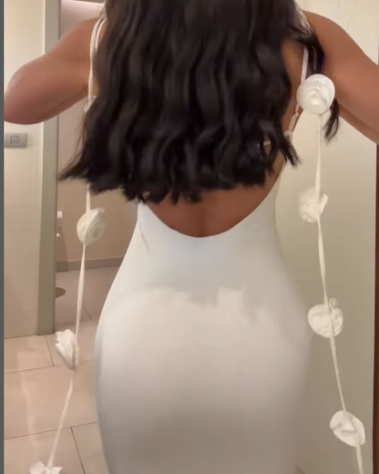 Backless Strap 3D Flower Decorated Suspender Evening Dress