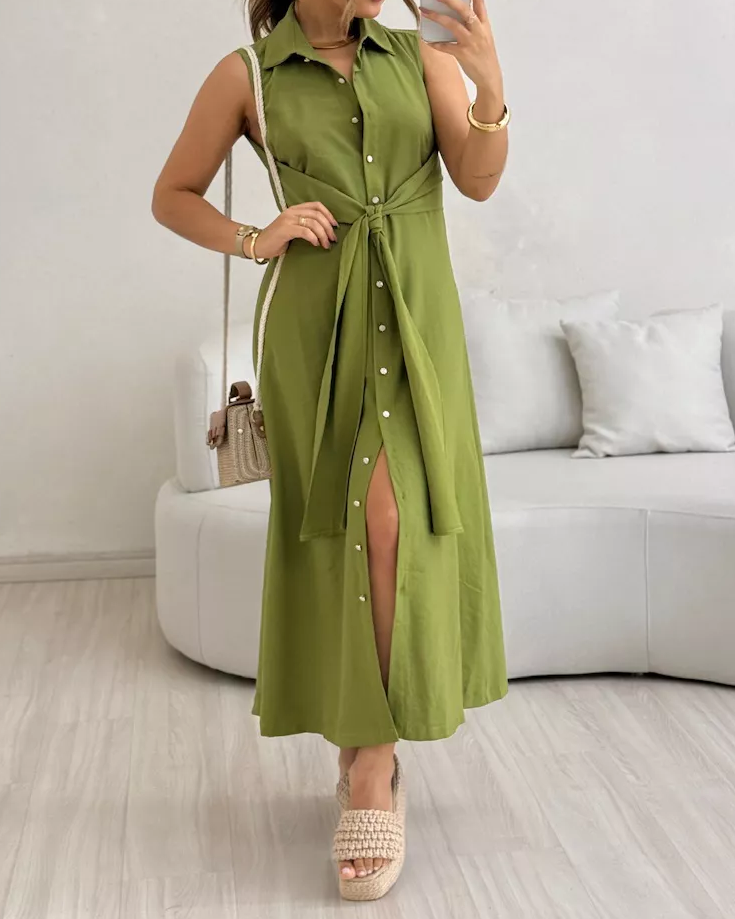 V-Neck Sleeveless Solid Color Waist Dres