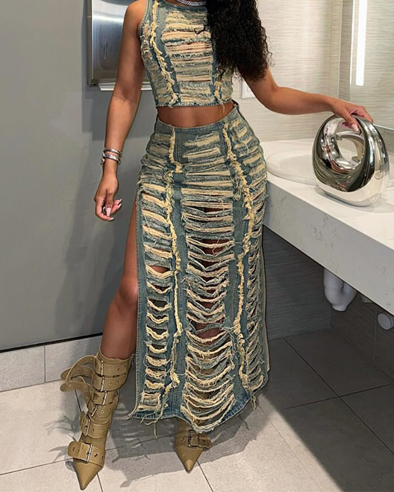 Denim Ripped Skirt Suit
