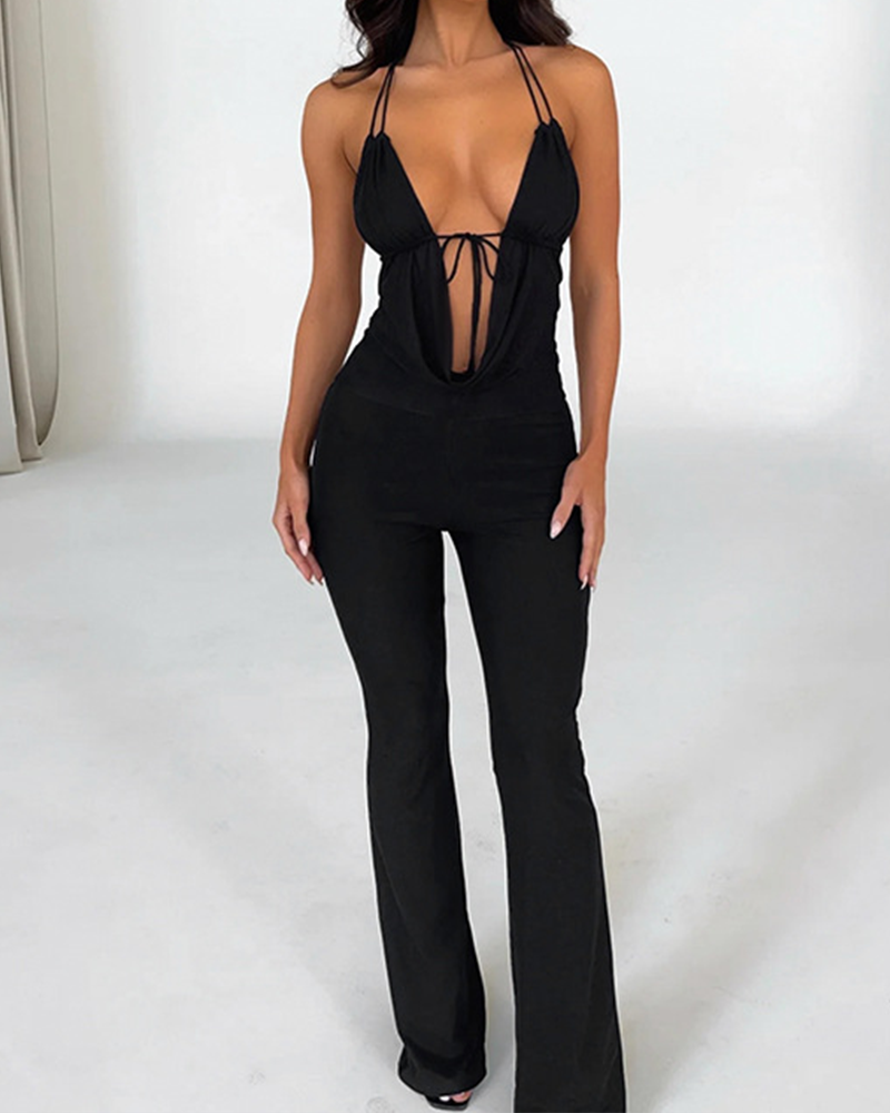 V-Neck Tie Hollow Jumpsuit