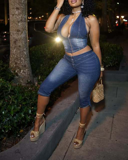 Strapless Halterneck Lace-Up Denim Suit