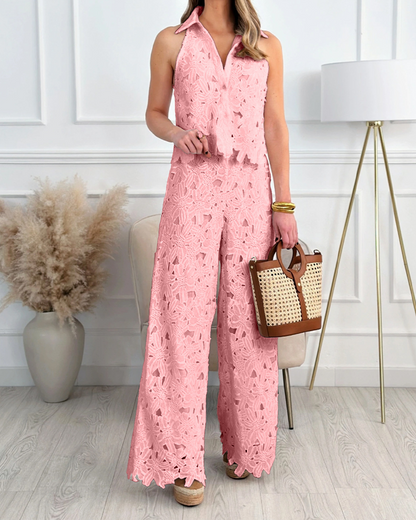 Hollow V-Neck Straight Pants Suit
