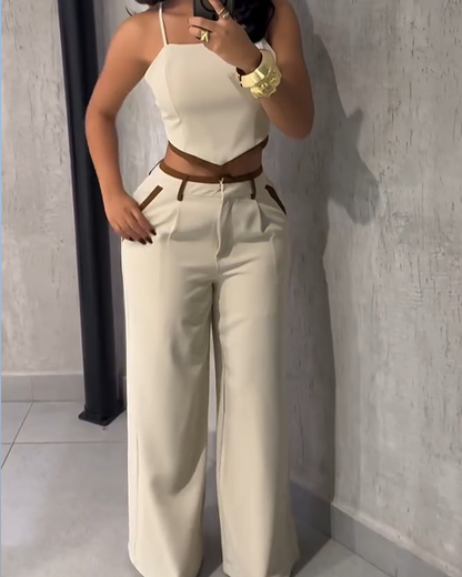 Spliced Lace-Up High-Waisted Straight-Leg Pants Set (Pre-Sale)