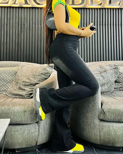 High-Waisted Stretch-Denim Slacks