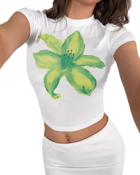 Floral Print Slim Crew Neck T-Shirt