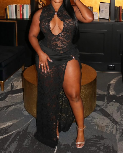 Lace Hollow High Slit Slim Sleeveless Dress