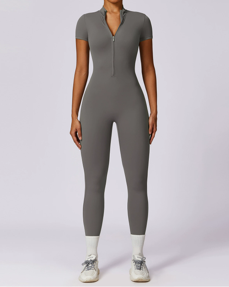 Zippered Short-Sleeved Slim-Fit Jumpsuit