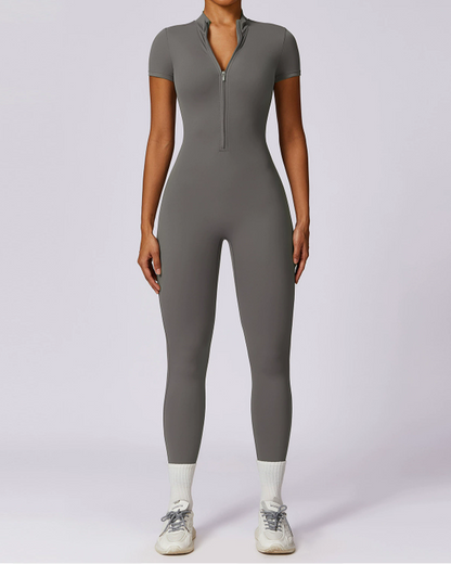 Zippered Short-Sleeved Slim-Fit Jumpsuit