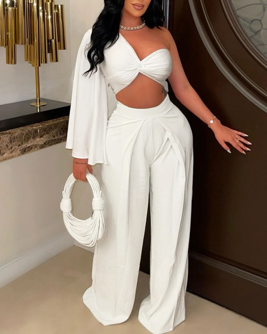 One-Shoulder Pleated Casual Set