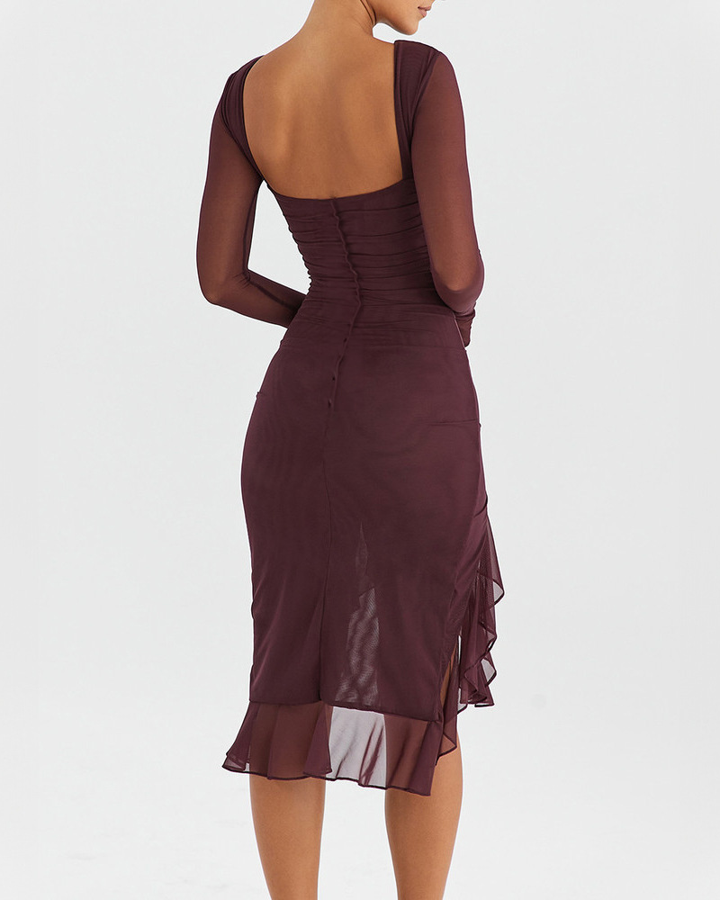 Spliced Long-Sleeved Slit Ruffle Dress