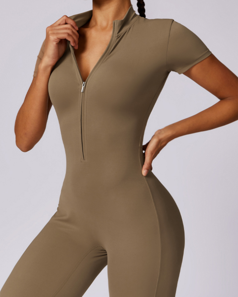 Zippered Short-Sleeved Slim-Fit Jumpsuit