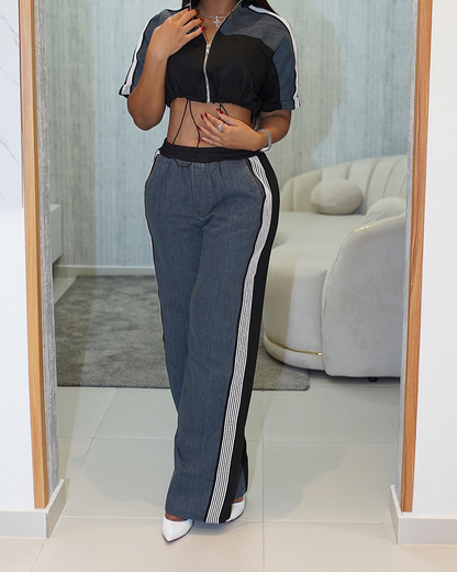 Denim Patchwork Wide-Leg Pants Suit