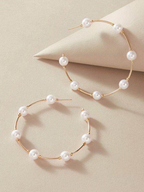 1pair Faux Pearl Decor Cuff Hoop Earrings for Women