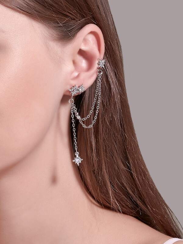 1pair Rhinestone Decor Chain Mismatched Earrings for Women
