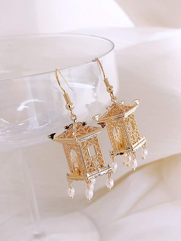 1pair Tower Decor Faux Pearl Tassel Drop Earrings for Women