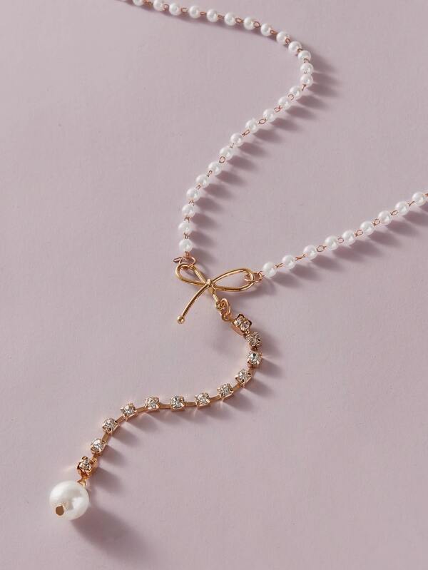 1pc Faux Pearl & Bow Decor Y Lariat Necklace for Women