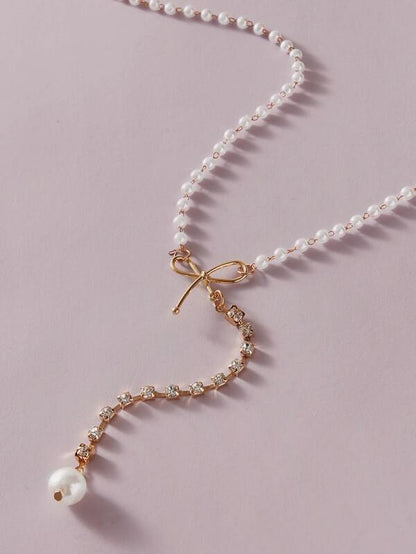 1pc Faux Pearl & Bow Decor Y Lariat Necklace for Women