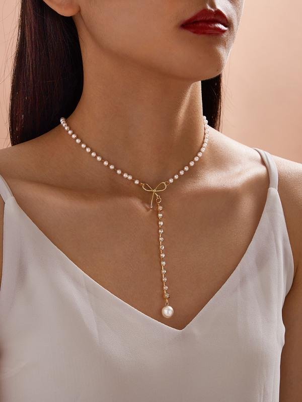 1pc Faux Pearl & Bow Decor Y Lariat Necklace for Women
