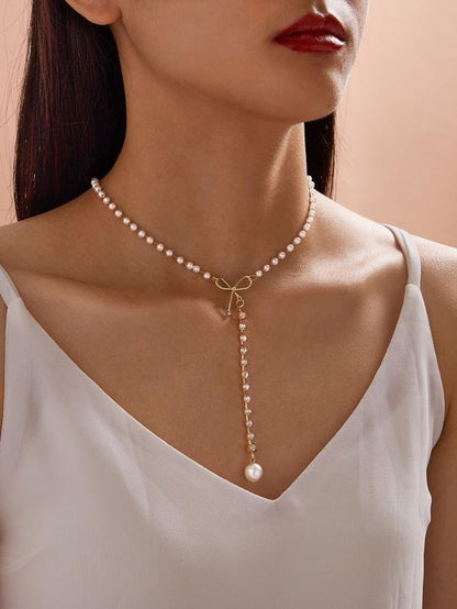 1pc Faux Pearl & Bow Decor Y Lariat Necklace for Women