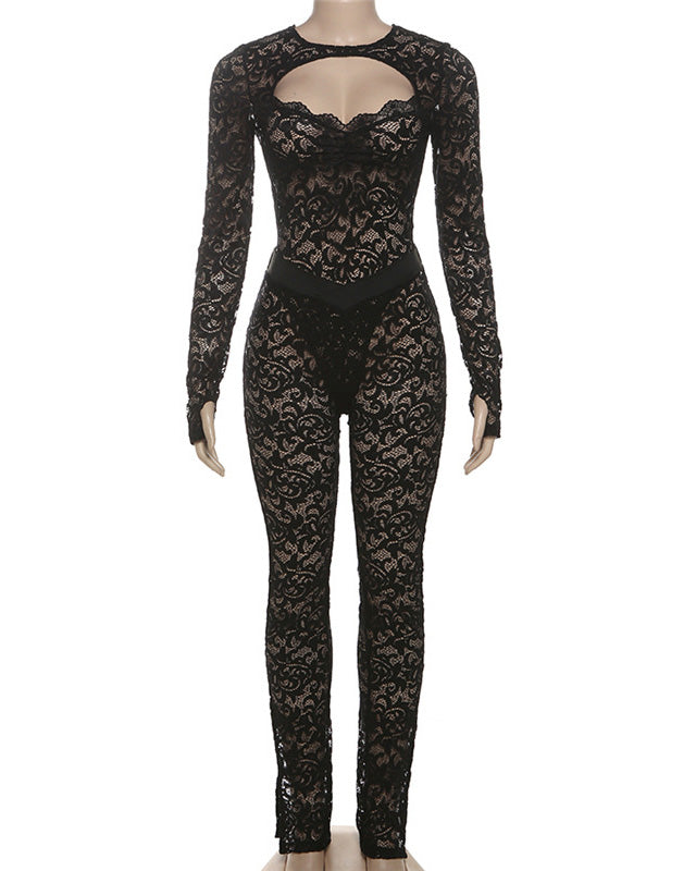 Lace Hollow See-Through Leggings Set