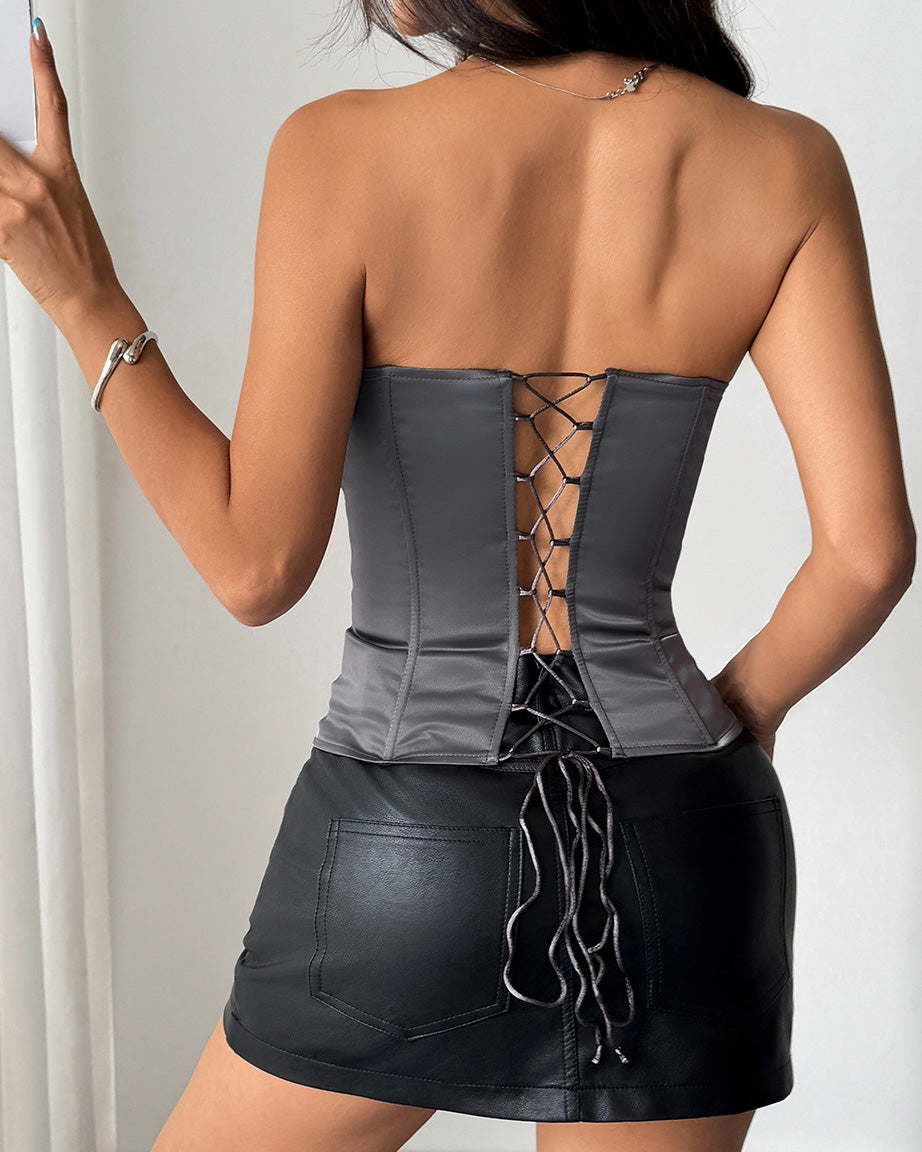 Low-Cut Tie Solid Color Herringbone Tie Underwire Top