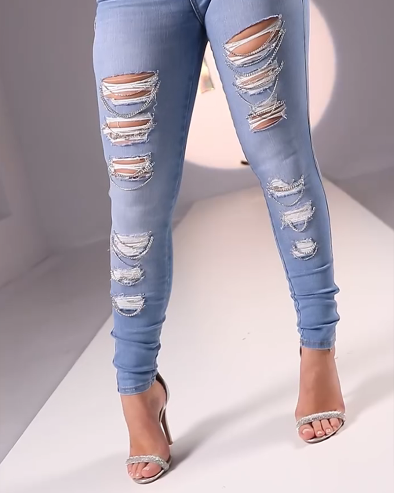 Decorative Ripped Slim-Fit Jeans (Pre-Sale)