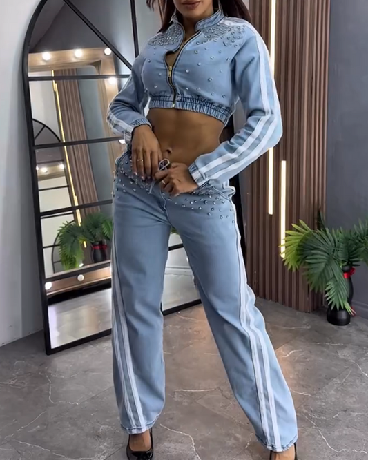 Decorative Straight-Leg Denim Pants Set (Pre-Sale)