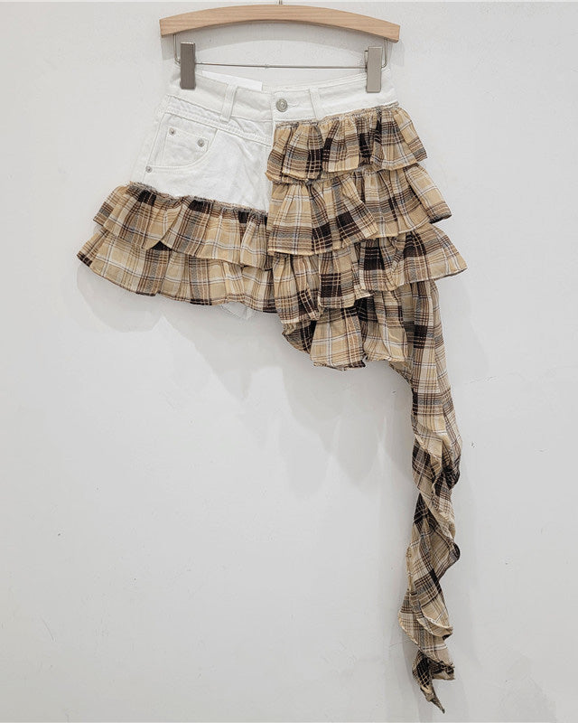 Denim Patchwork Short Irregular Chiffon Cake Skirt