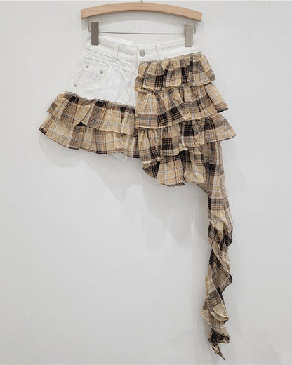 Denim Patchwork Short Irregular Chiffon Cake Skirt