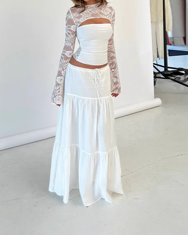 Lace Panel Hollow Design Bell Sleeve Short Top