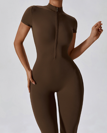 Zippered Short-Sleeved Slim-Fit Jumpsuit