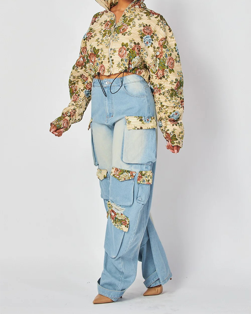 Floral Denim Overalls Suit
