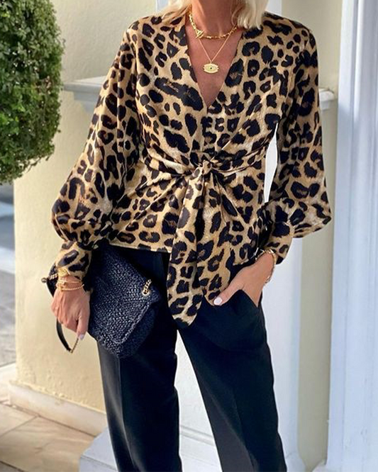 Leopard Print V-Neck Temperament Long Sleeve Shirt